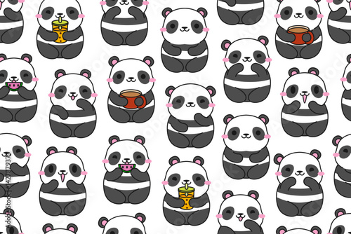Cute cartoon panda seamless pattern. Kawaii panda bamboo bear seamless pattern. Decorative wrapping paper. Stock vector illustration on white background.