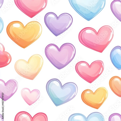 Pastel heart pattern.  A repeating pattern of various shades of pastel hearts, creating a cheerful and romantic design