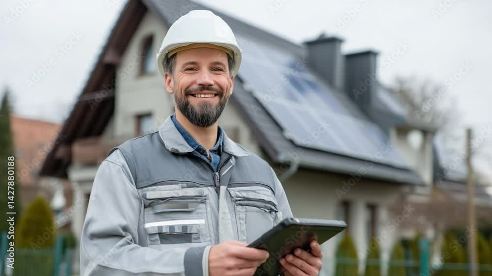 Solar Energy Professional's Inspection: A skilled construction worker, poised with a tablet, poses in front of a residential house with solar panels. Solar Energy Professional's Inspection: A skilled construction worker, poised with a tablet, poses in front of a residential house with solar panels.