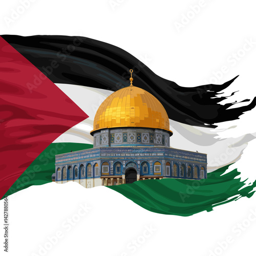 A depiction of the Palestinian flag flying over the Dome of the Rock, a significant religious site in Jerusalem