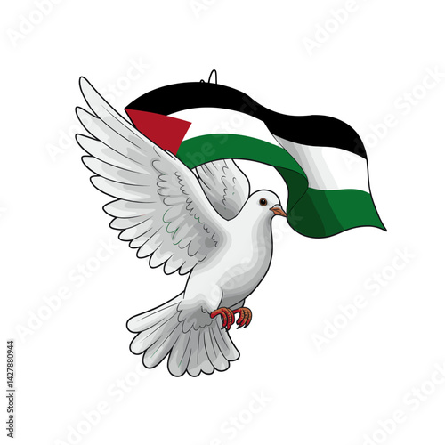 A dove flying alongside the Palestinian flag, symbolizing peace and hope