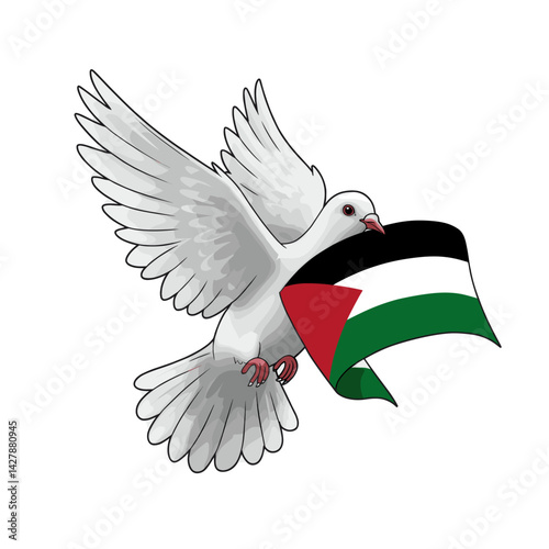 A dove flying alongside the Palestinian flag, symbolizing peace and hope.