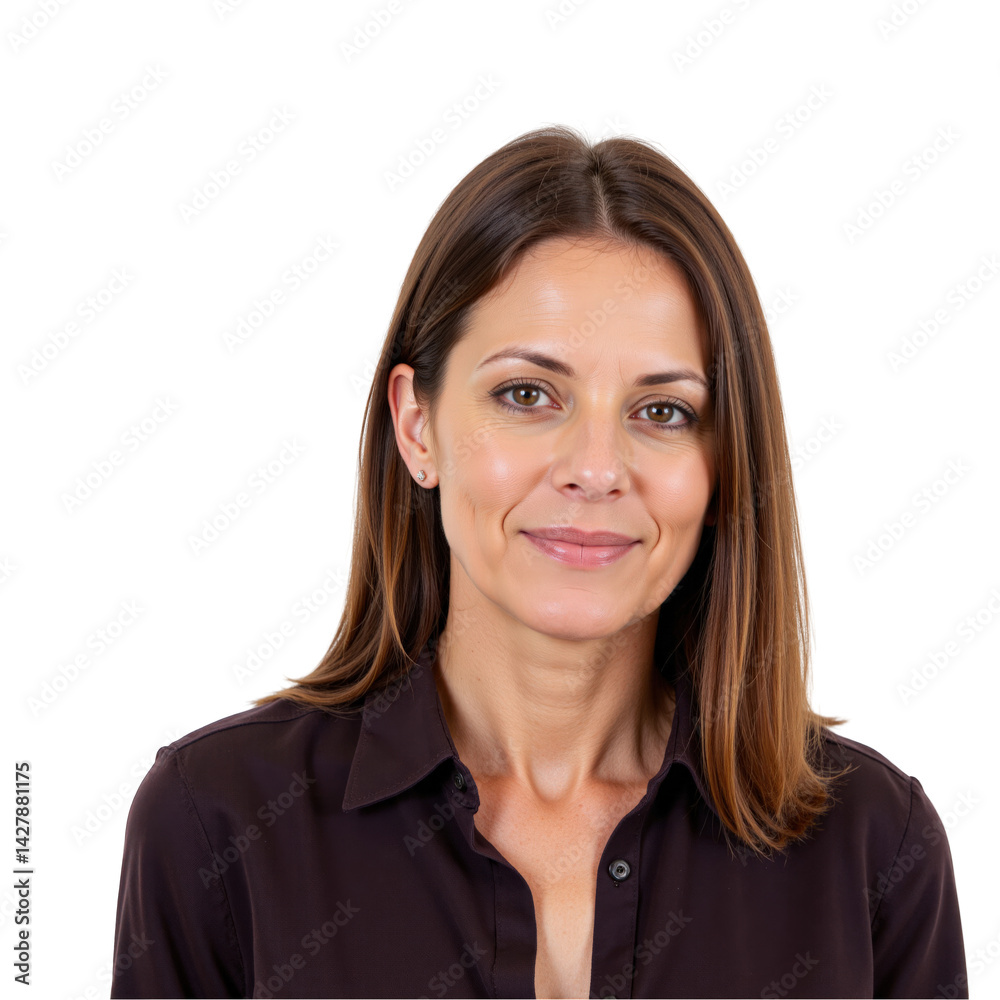 Portrait of a Middle-Aged Hispanic Woman with Long Brown Hair Wearing a Dark Blouse Against a transparent background Portrait of a Middle-Aged Hispanic Woman with Long Brown Hair Wearing a Dark Blouse Against a transparent background