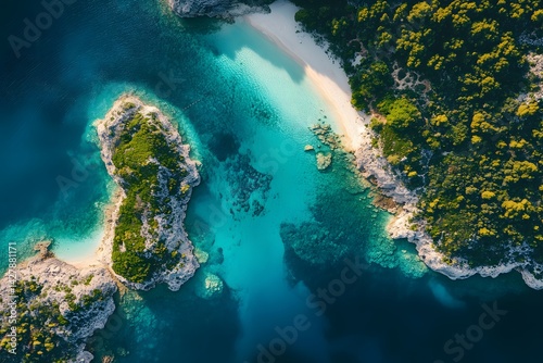 Aerial view of rocky islands with lush vegetation and sandy beaches surrounded by turquoise water