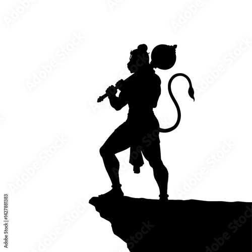 The silhouette of a powerful figure stands atop a rocky peak, with the sun shining behind them, creating a halo effect. The character's poised stance and staff evoke a sense of strength and wisdom, su