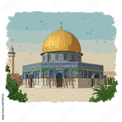 A depiction of the Palestinian flag flying over the Dome of the Rock, a significant religious site in Jerusalem