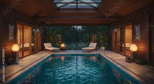 Wallpaper Mural Indoor Swimming Pool with Lounge Chairs and Wood Beams Torontodigital.ca