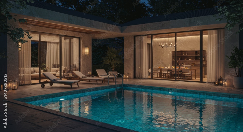 Obraz premium Swimming Pool at Night with Lounge Chairs and House