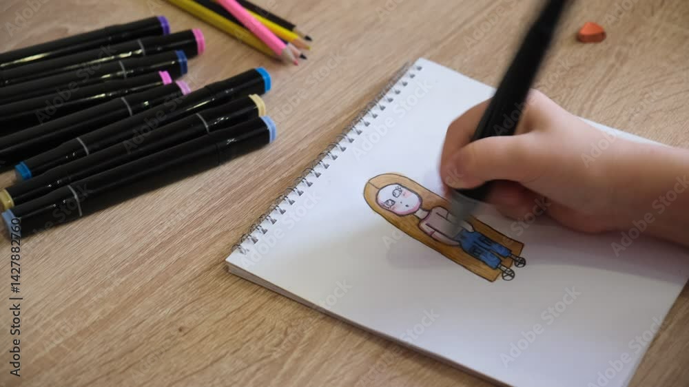 Child, teenager coloring funny sketch picture. Hand drawing a person, girl anime style sketch, creating and coloring with alcohol based sketch drawing markers. Comic book. Anime. Youth culture