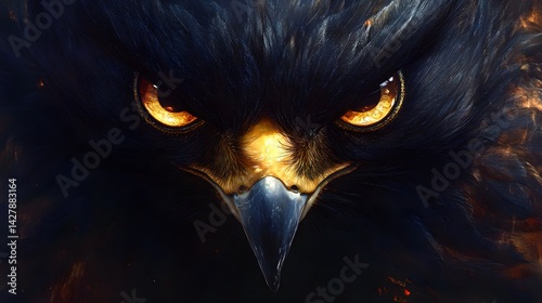 A close-up of a falcon is face with intense golden eyes