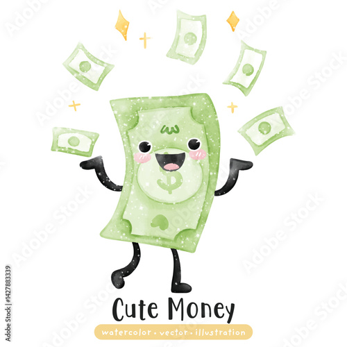 cute kawaii money dollar in watercolor finance vector illustration