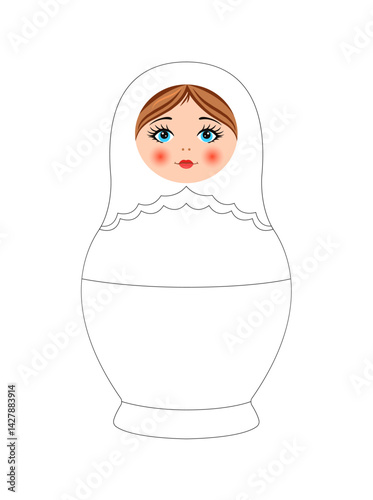 Wooden matryoshka doll. Russian nesting dolls. A blank for coloring and drawing with colored pencils and paints. Coloring book. Black and white image.
 Vector image