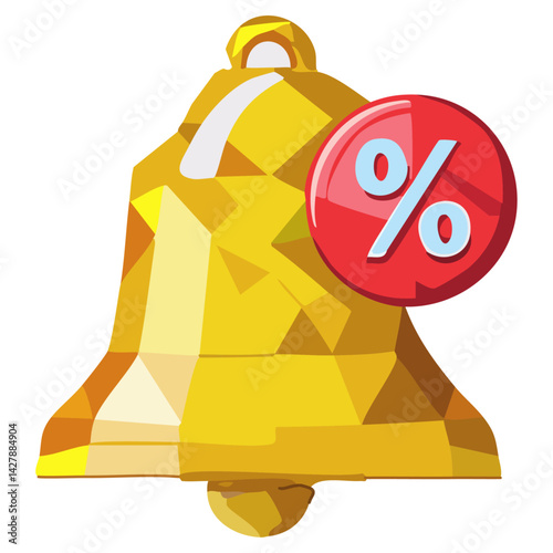 Bell reminder notification with voucher sale discount percentage offer sign or symbol