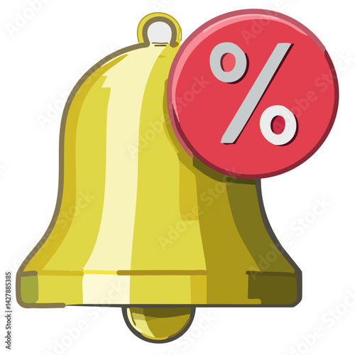 Bell reminder notification with voucher sale discount percentage offer sign or symbol