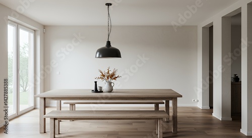 Wallpaper Mural Minimalist Dining Room Interior Design: Light Wood Table and Bench with Pendant Lamp Torontodigital.ca