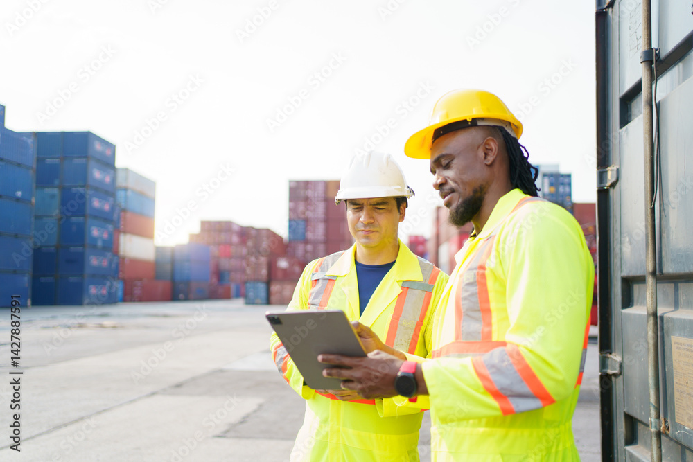 Fototapeta premium Engineers team or shipyard officers inspecting a containers in container yard.