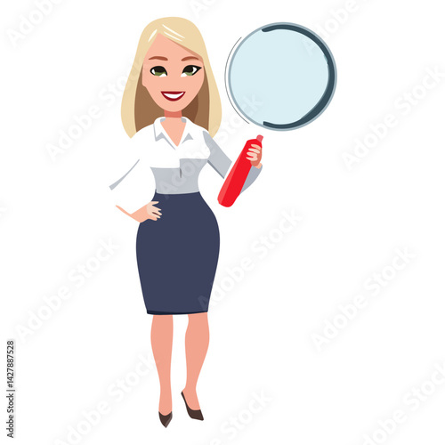 girl with magnifying glass. woman with magnifying glass. Young Businesswoman holding a magnifying glass cartoon character
