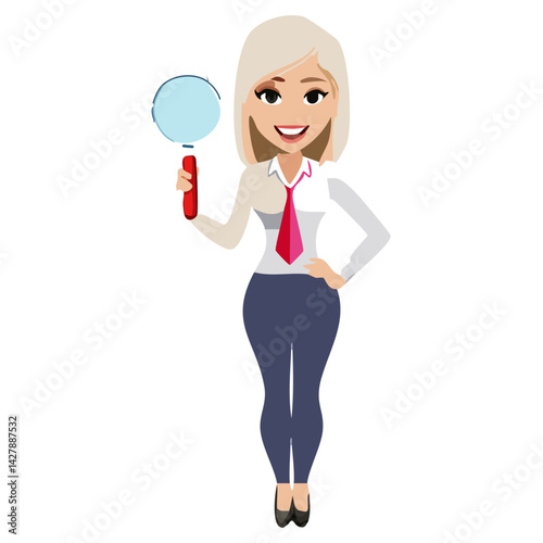 girl with magnifying glass. woman with magnifying glass. Young Businesswoman holding a magnifying glass cartoon character