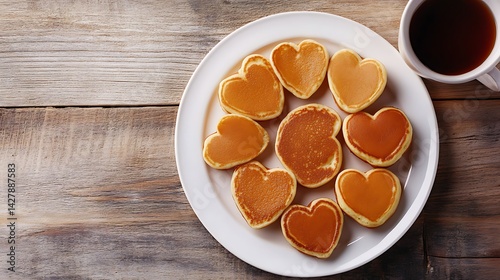 Overhead view of romantic breakfast tray with heart-shaped pancakes, fresh berries, and honey. Concept of love, care, and celebration in morning meal setting.