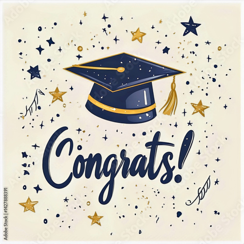 Graduation cap adorned with stars and confetti symbolizes achievement and success, ideal for congratulatory messages and graduation celebrations
