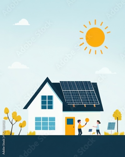 A Modern House with Solar Panels and People Painting