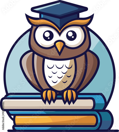 A mascot logo of a wise and thoughtful cartoon owl perched on a stack of books, representing knowledge and learning for an educational institution 