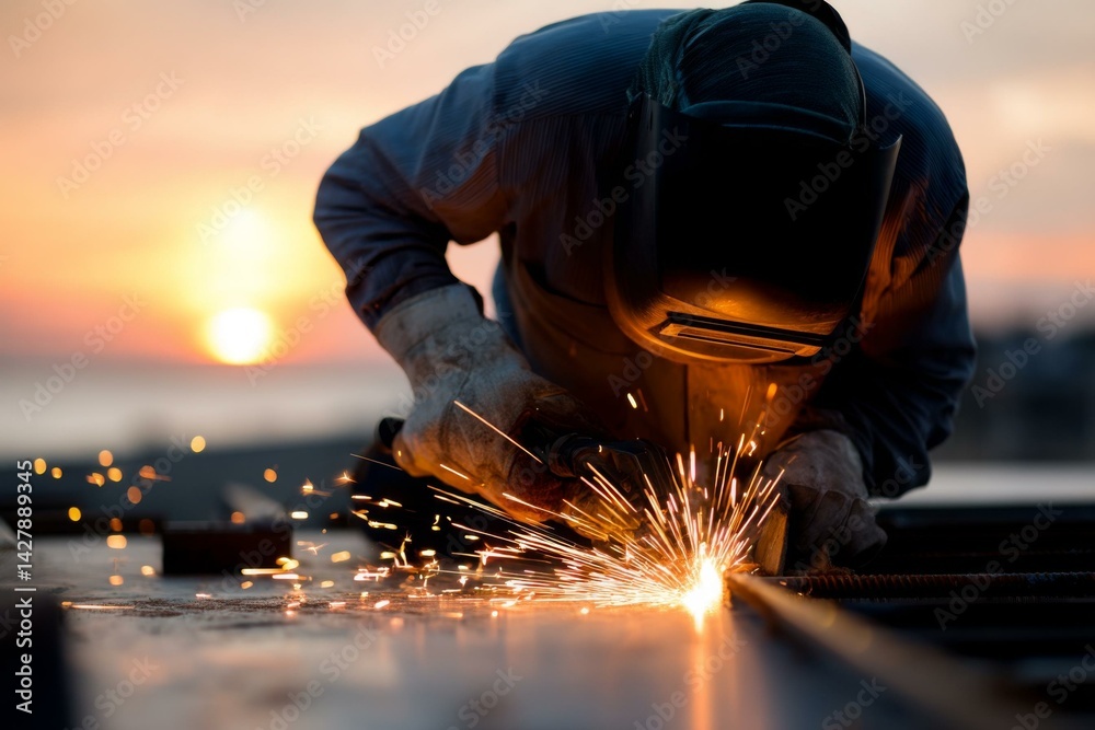 Construction worker welding at sunset with sparks flying. Construction worker welding at sunset with sparks flying.