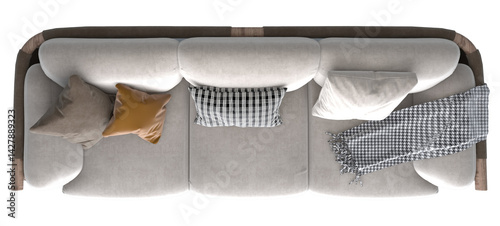 Modern beige sofa with wooden frame, featuring three cushions in brown, mustard, and plaid patterns, and a black-and-white houndstooth throw blanket. Cozy and stylish top-view composition