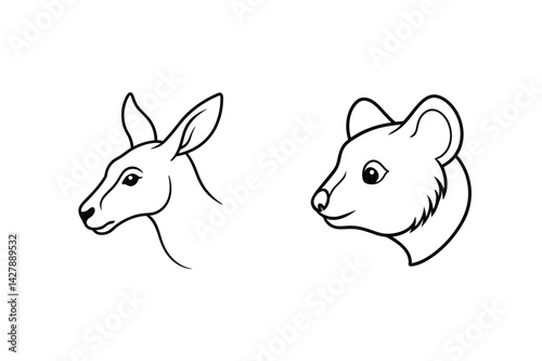 Kangaroo and koala head outlines australian wildlife icons black and white vector illustration