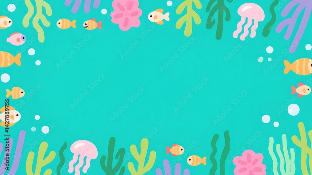 カラフルな海の生き物と海の植物に囲まれた鮮やかな青色の背景のピクセルアート カラフルな海の生き物と海の植物に囲まれた鮮やかな青色の背景のピクセルアート