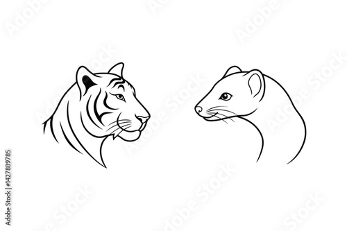Tiger and weasel line art illustration isolated on white background wild animal duo
