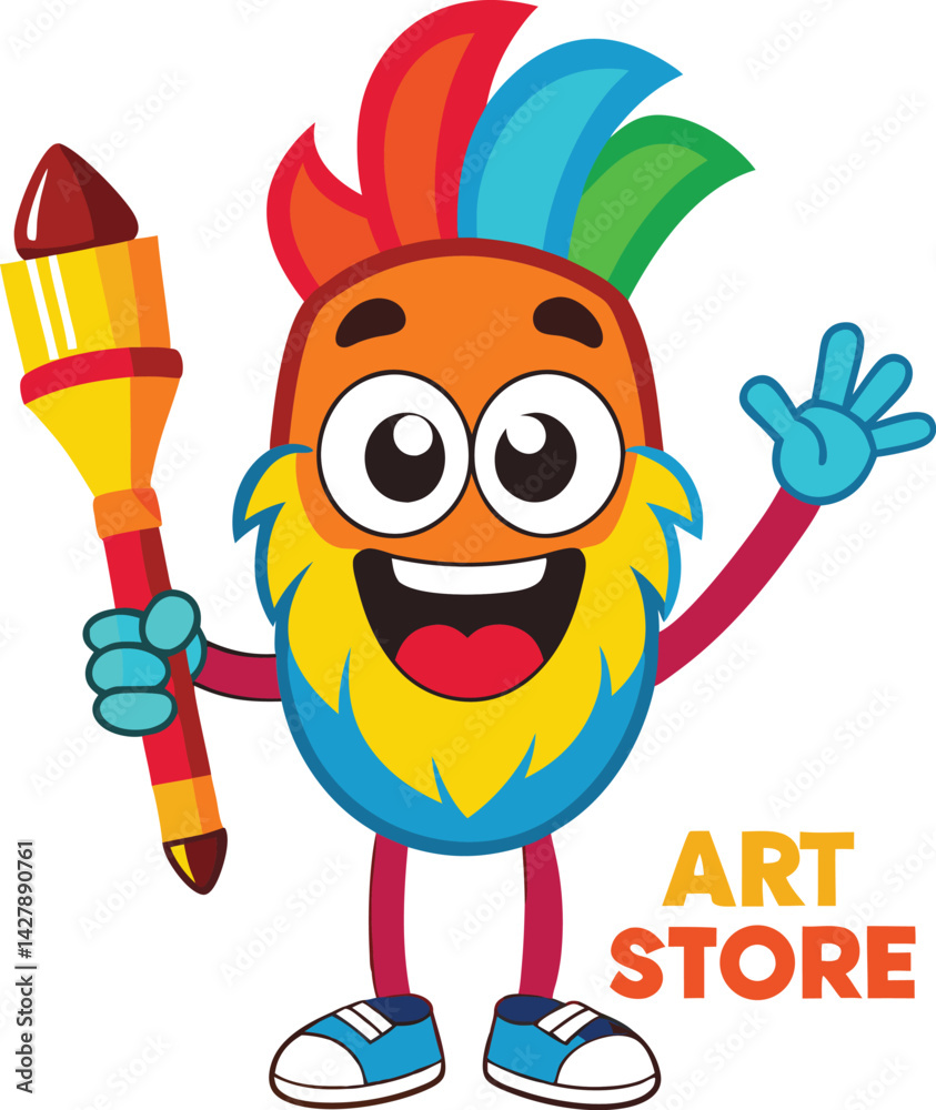 A mascot logo of a fun and quirky fingers anthropomorphic paintbrush with a creative flair, representing artistry and imagination for an art supply store 