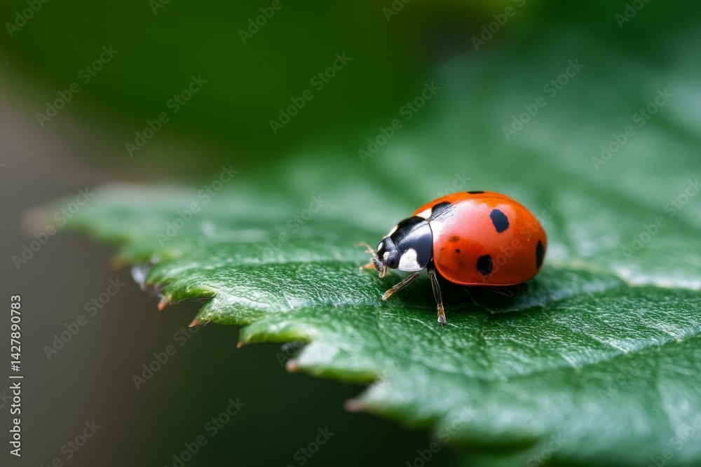 Ladybug resting on a vibrant green leaf in a close-up view, showcasing intricate details of the insect and leaf texture Ladybug resting on a vibrant green leaf in a close-up view, showcasing intricate details of the insect and leaf texture