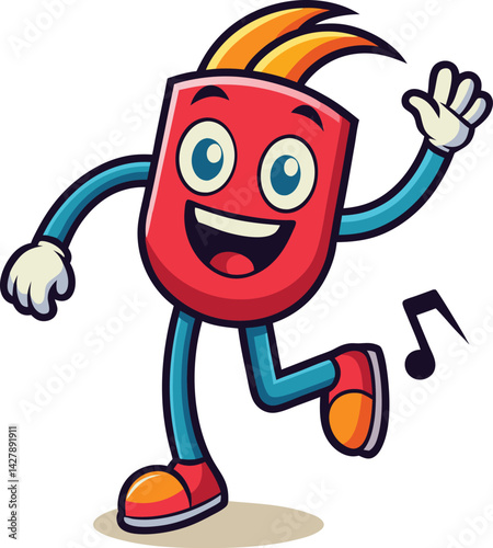A mascot logo of a fun and quirky anthropomorphic musical note with a dancing pose, representing joy and entertainment for a music streaming service