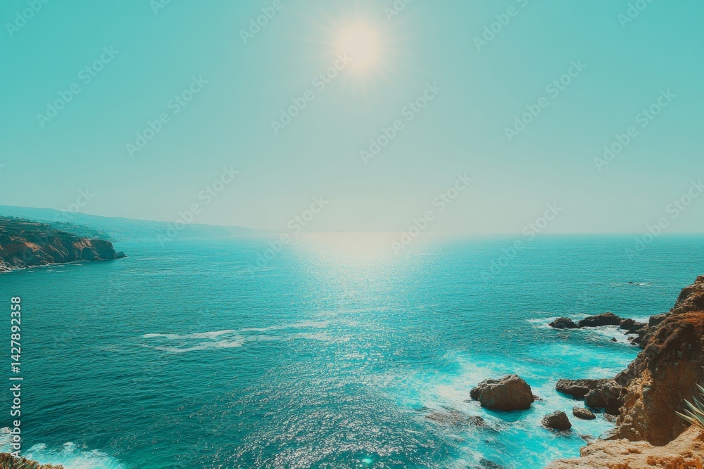 Coastal vista, turquoise waters, bright sun Coastal vista, turquoise waters, bright sun