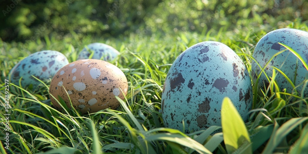 A high-quality 3D render of painted Easter eggs in ultra-realistic grass A high-quality 3D render of painted Easter eggs in ultra-realistic grass