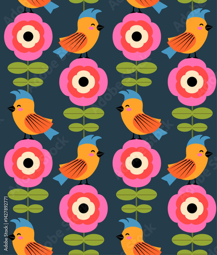 Abstract cute scandinavian nordic folk art style adorable birds and wildflower seamless pattern, vector illustration scandi repeat summer spring colorful design print