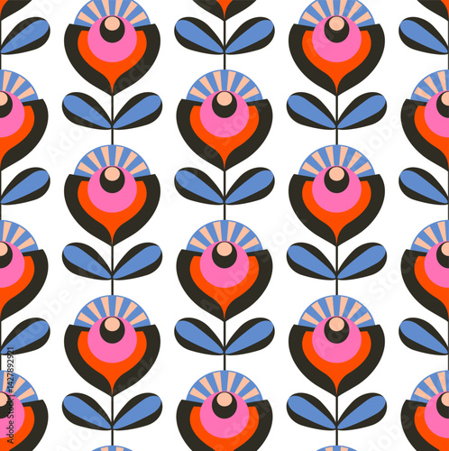 retro style burst flowers in pink red lilac black colors  seamless pattern, vector illustration repeat design