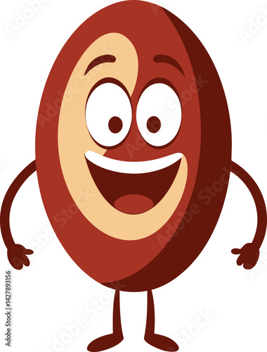  A mascot logo of a quirky and fun anthropomorphic coffee bean with a smiling face, representing a cheerful and inviting coffee shop 