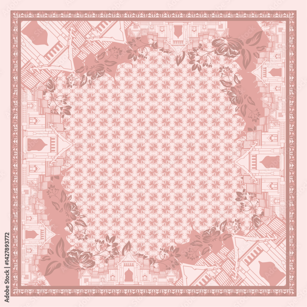 This minimalist ethnic hijab scarf design features a geometric border with traditional patterns in an elegant maroon and gold color scheme. Perfect for fashion-conscious women, the square layout makes This minimalist ethnic hijab scarf design features a geometric border with traditional patterns in an elegant maroon and gold color scheme. Perfect for fashion-conscious women, the square layout makes
