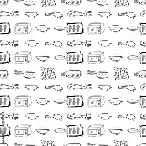 kitchen utensil pattern. kitchenware seamless pattern. doodle kitchen background
