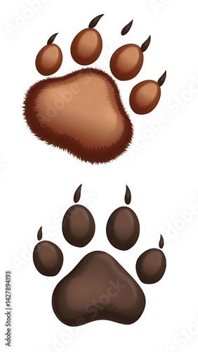 Vector map-style trail of dog and bear tracks across a white background, showing walking path, footprints decreasing in size with distance.