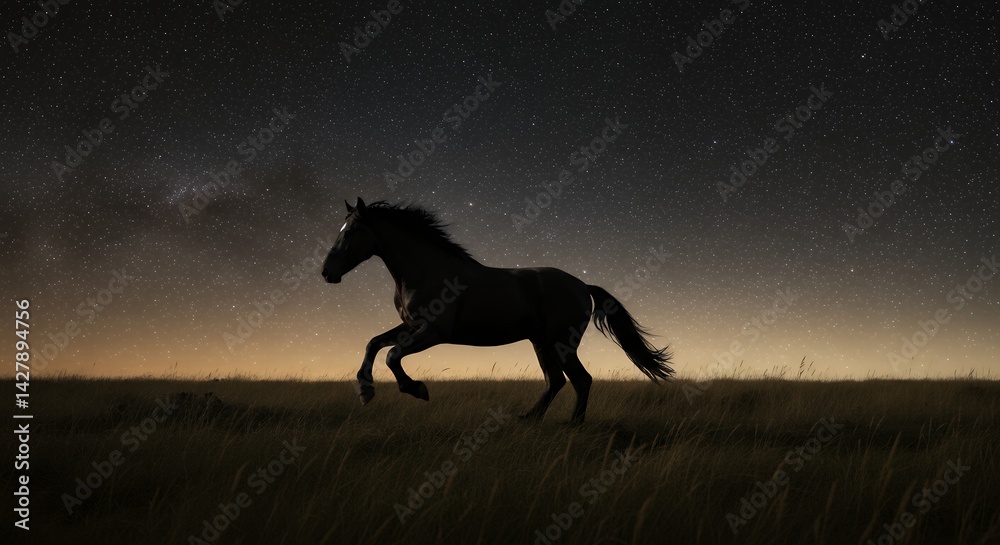 Horse Running in Field Under Starry Night Horse Running in Field Under Starry Night