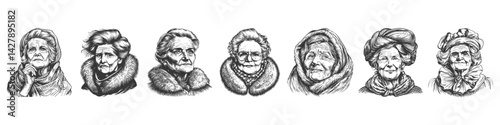 Elderly Women Portraits Illustration Set In Vintage Style. Celebrating Wisdom And Experience In Hand Drawn Sketch Style. Isolated Vector Illustration