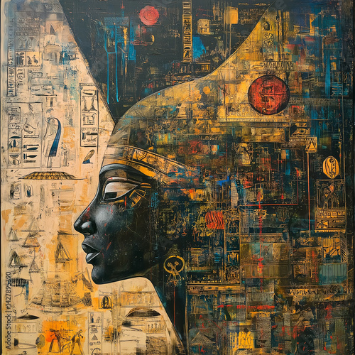 Abstract art blending ancient Egyptian symbols