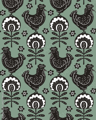 Black and white on sage green rustic farmhouse block print style folk chickens and abstract flowers seamless pattern, vector illustration repeat design