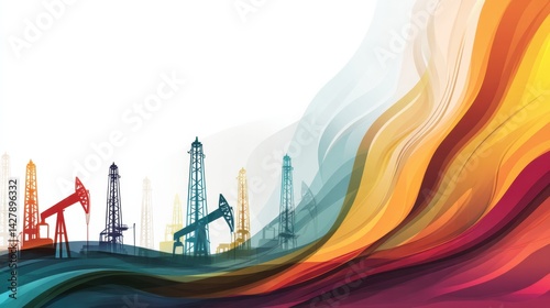 Clean Mockup of an Oil Company Presentation Background Featuring Colorful Abstract Elements and Drilling Rigs photo