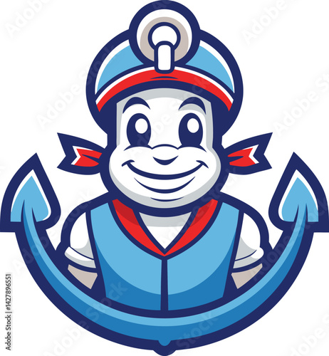 A mascot logo of a strong and reliable looking cartoon anchor with a friendly face, representing stability and trust for a maritime or security company 