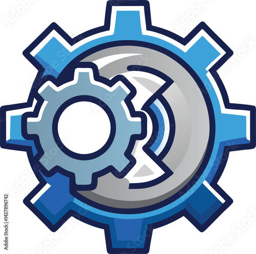 A mascot logo of a strong and reliable looking cartoon gear interlocking with another, representing teamwork and efficiency for an engineering firm 