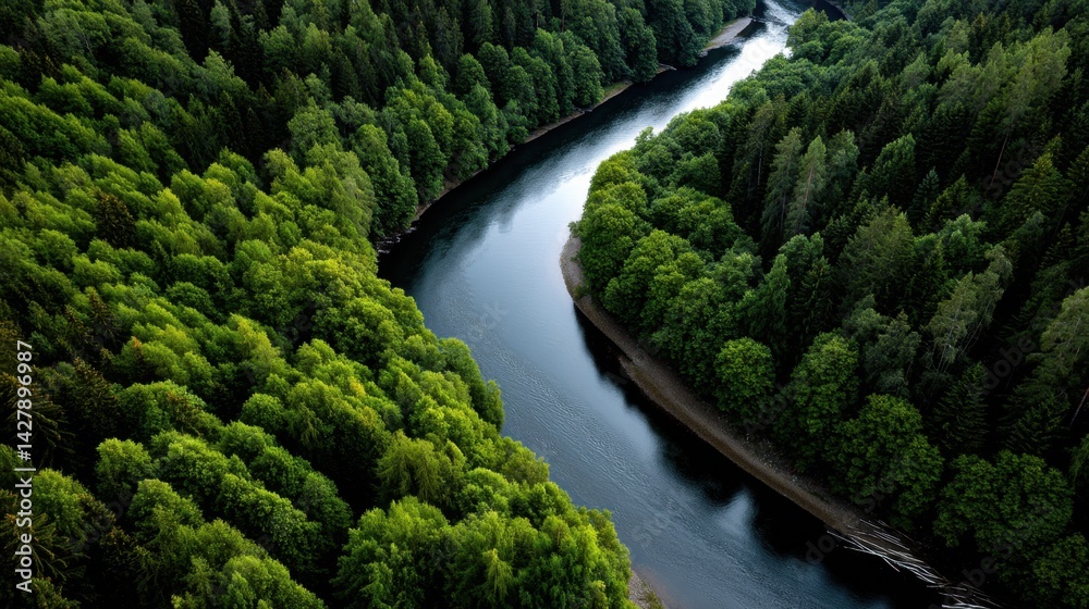 Fototapeta premium Aerial View of a Meandering River Flowing Through a Dense Green Forest in a Remote Wilderness Area